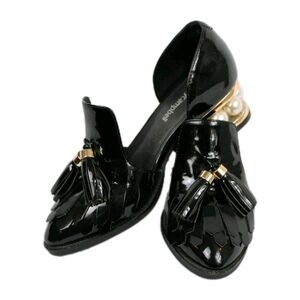 Jeffrey Campbell Black Patent Heels with Gold and Pearl Accent